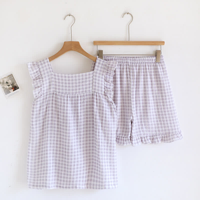 Ruffle Sleeve Gingham Cotton Pajama Set - image 6