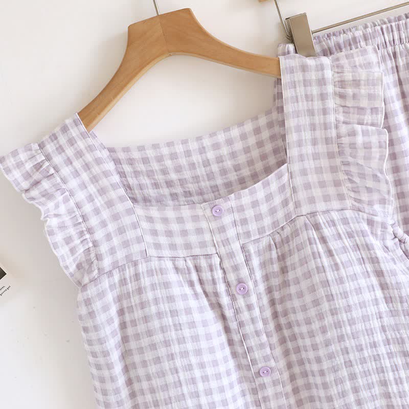 Ruffle Sleeve Gingham Cotton Pajama Set - image 7