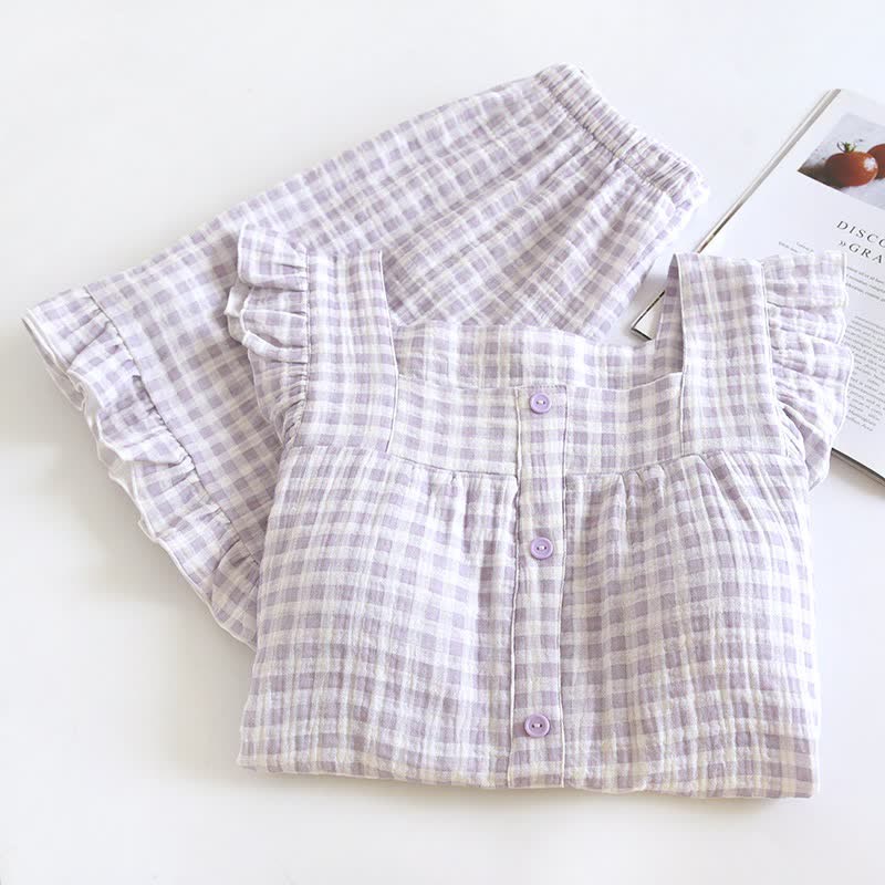 Ruffle Sleeve Gingham Cotton Pajama Set - image 5