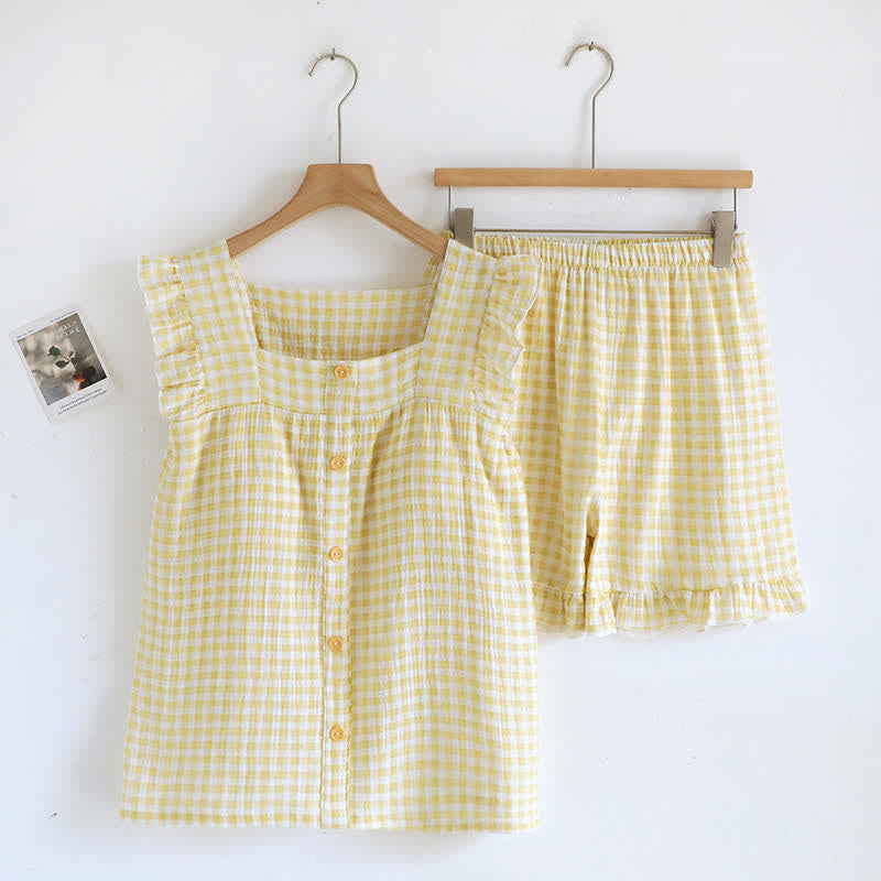 Ruffle Sleeve Gingham Cotton Pajama Set - Yellow - XL - image 2