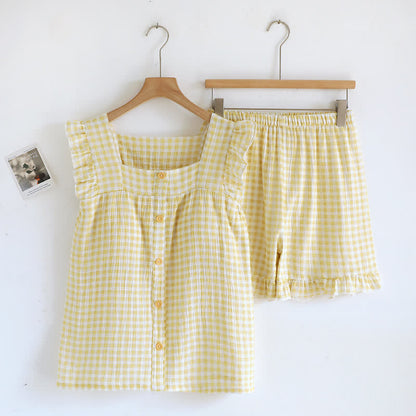 Ruffle Sleeve Gingham Cotton Pajama Set - Yellow - XL - image 2