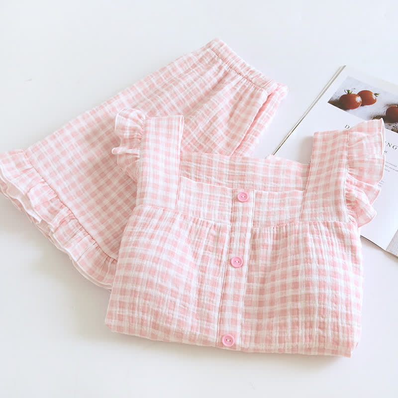 Ruffle Sleeve Gingham Cotton Pajama Set - image 18