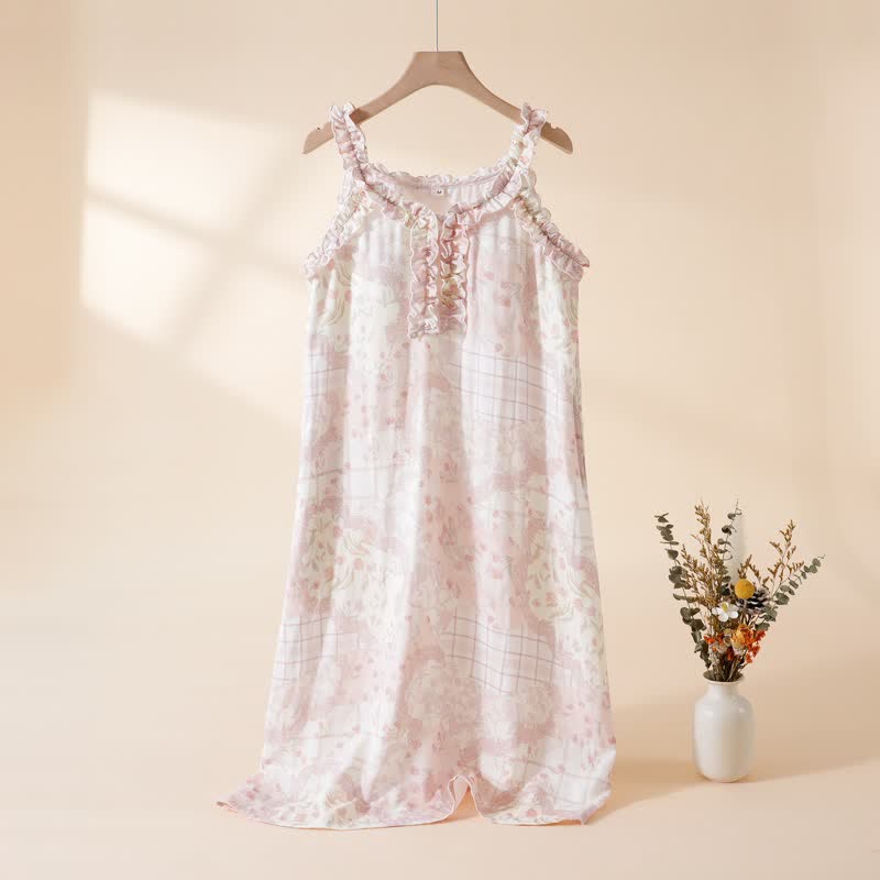 Ruffle Neck Floral Bamboo Cotton Nightgown - Pink - XL - image 0