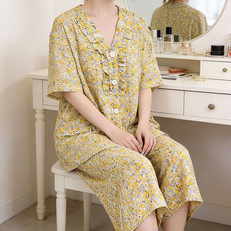 Yellow Floral Cotton Ruffle Loungewear Set - image 1
