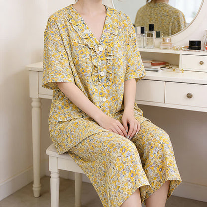 Yellow Floral Cotton Ruffle Loungewear Set - image 1