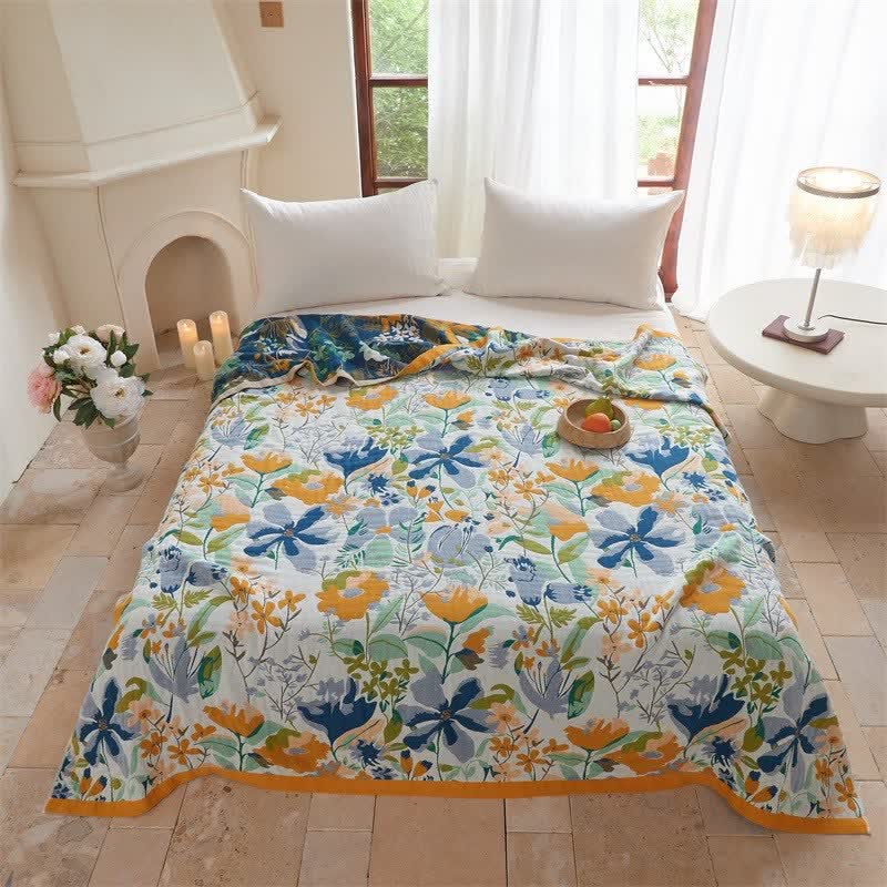 Bright Floral Cotton Gauze Quilt Blanket - King - Bound Edge - image 0