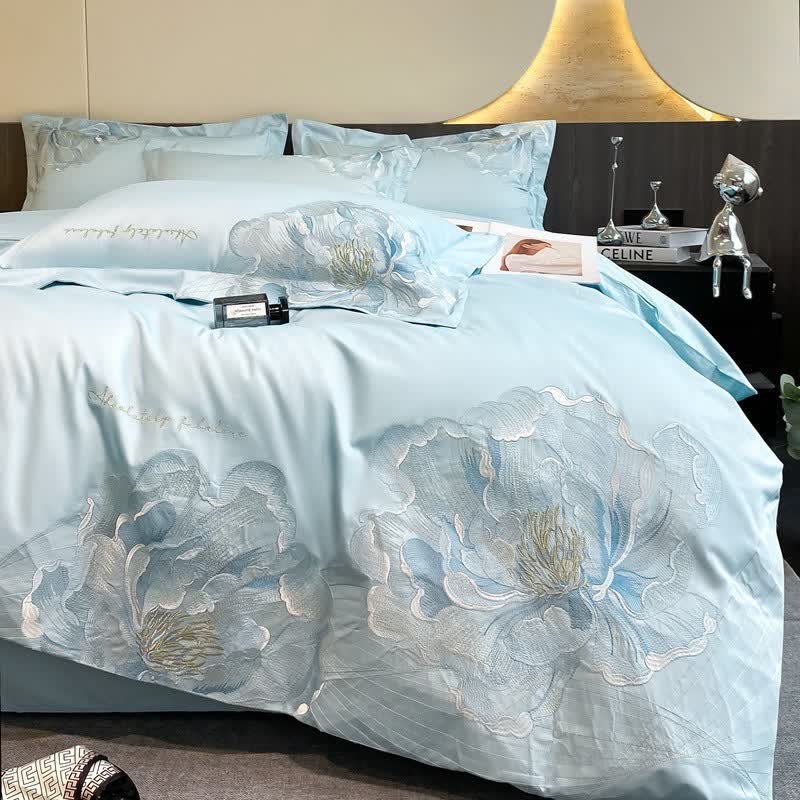 Luxury Peony Embroidered Cotton Bedding Set(4PCS) - Blue - King - image 0