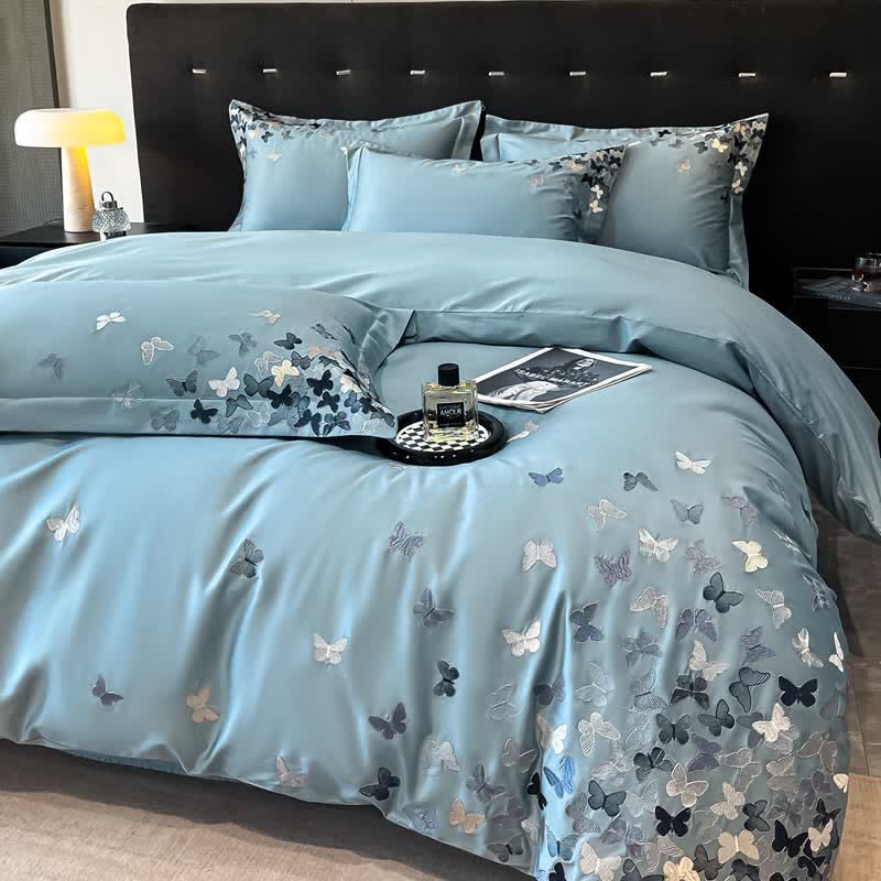 Butterfly Embroidered Pure Cotton Bedding Set(4PCS) - Blue - King - image 0