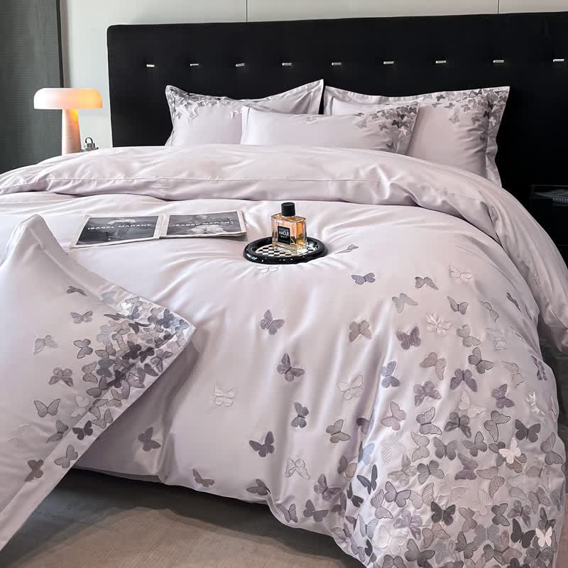 Butterfly Embroidered Pure Cotton Bedding Set(4PCS) - Purple - King - image 17