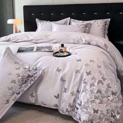 Butterfly Embroidered Pure Cotton Bedding Set(4PCS) - Purple - King - image 17