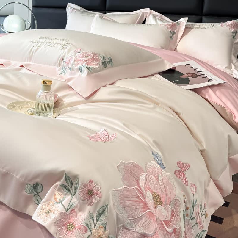 Floral & Butterfly Embroidered Cotton Bedding Set(4PCS) - White & Pink - King - image 0