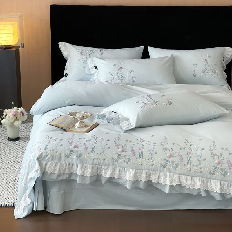 Wildflower Embroidery Ruffled Lace Cotton Bedding(4PCS) - Blue - King - image 3
