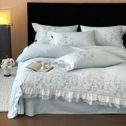 Wildflower Embroidery Ruffled Lace Cotton Bedding(4PCS) - Blue - King - image 3