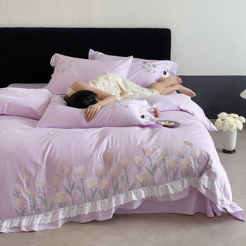 Tulip Embroidery Ruffled Lace Cotton Bedding(4PCS) - Purple - King - image 17