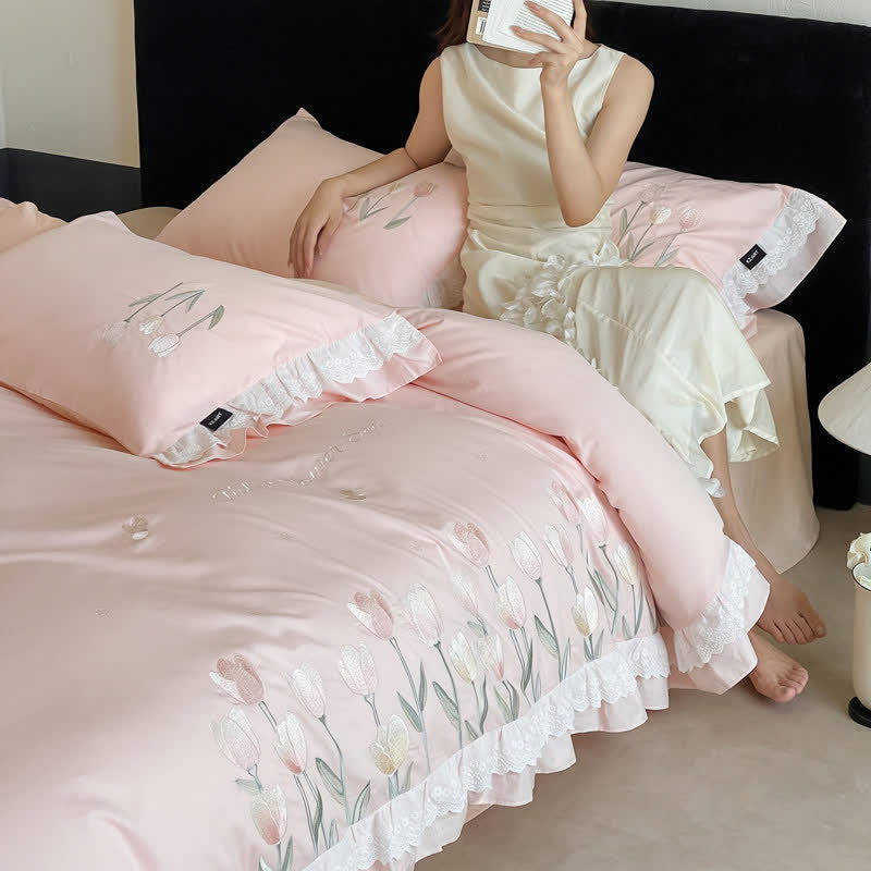 Tulip Embroidery Ruffled Lace Cotton Bedding(4PCS) - image 10