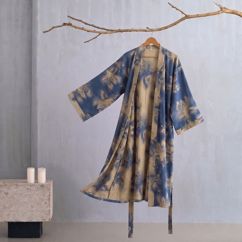 Watercolor Floral Organic Cotton Kimono Robe - Blue - 2XL - image 0