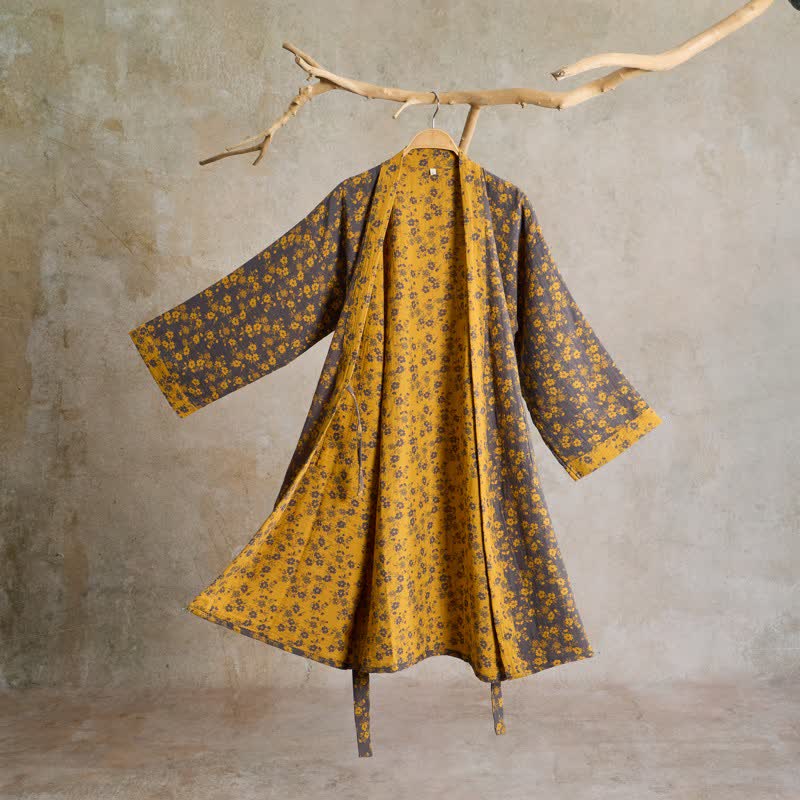 Yellow Floral Cotton Gauze Kimono Robe - Yellow - L - image 0