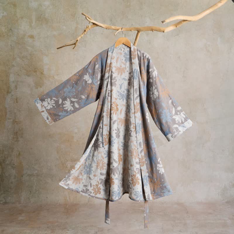 Gray Floral Cotton Gauze Kimono Robe - Gray - L - image 0