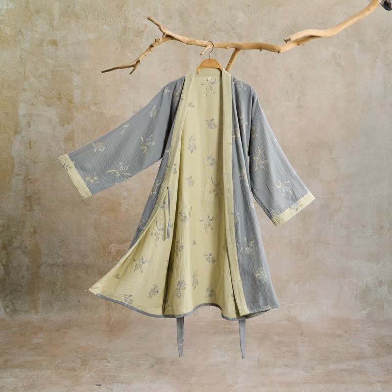 Elegant Floral Cotton Gauze Kimono Robe - Gray - L - image 0