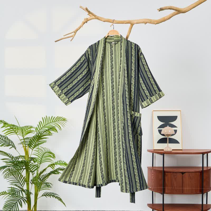 Leaf Striped Cotton Gauze Kimono Robe - Green - XL - image 0