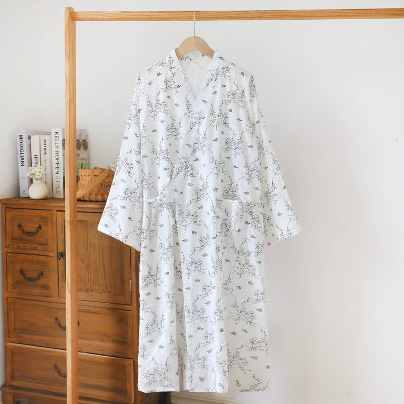 Unisex Floral Cotton Kimono Lounge Robe - White - XL - image 3
