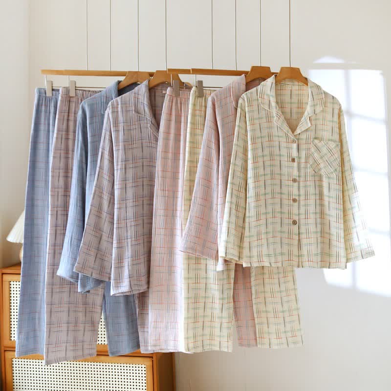 Colorful Stripe Check Cotton Matching Pajamas - image 0