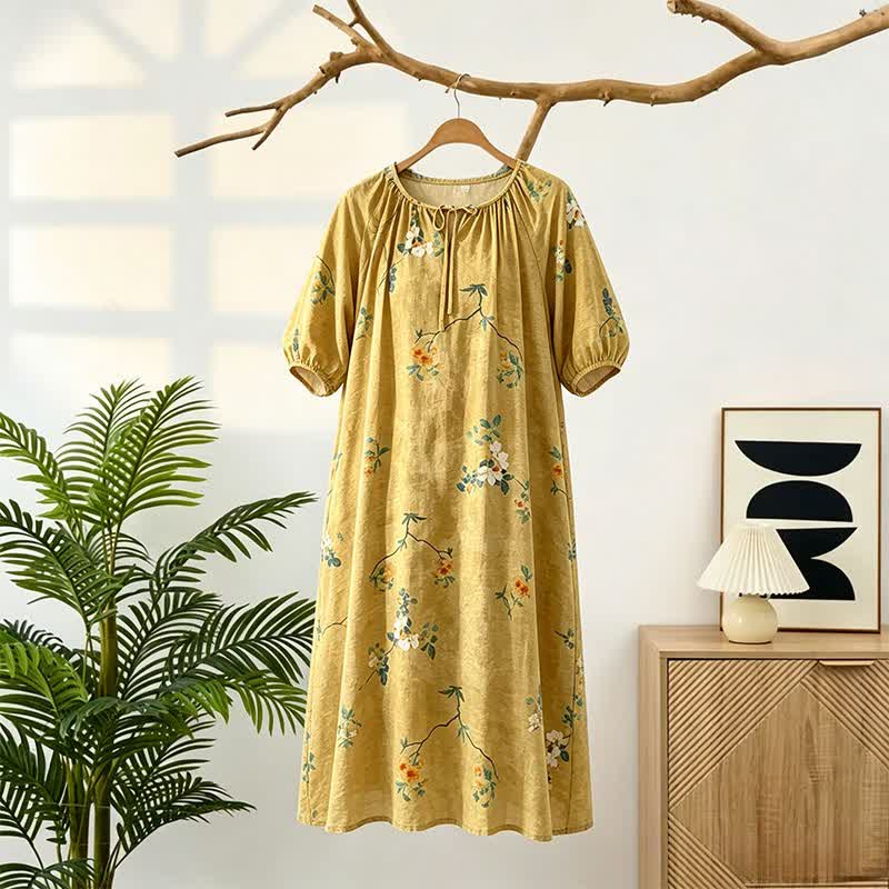 Vintage Floral & Branch Lounge Dress - Yellow - L - image 0