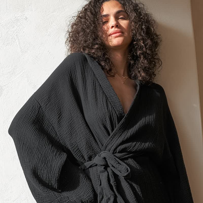 Black Cotton Kimono Short Robe - image 3