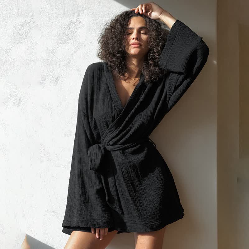 Black Cotto Kimono Short Robe - Black - L - image 0