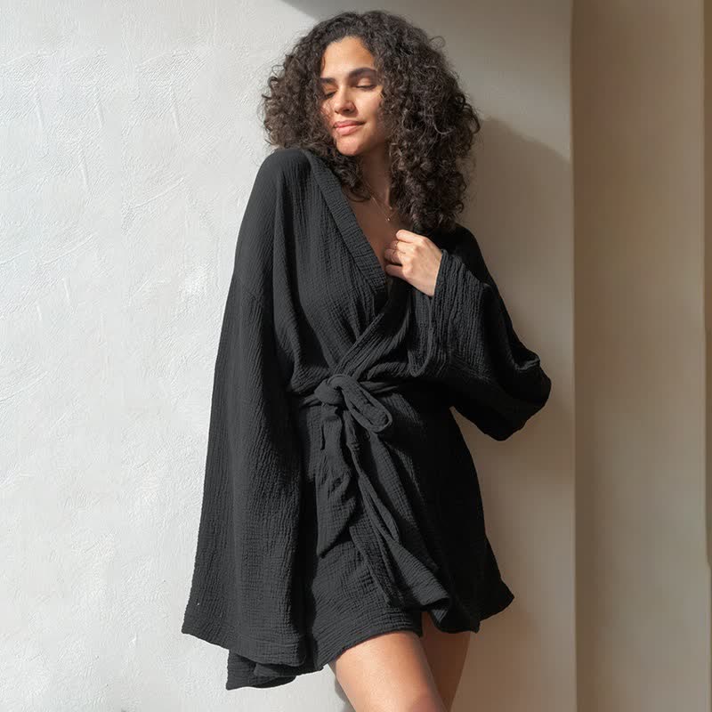 Black Cotton Kimono Short Robe - image 1