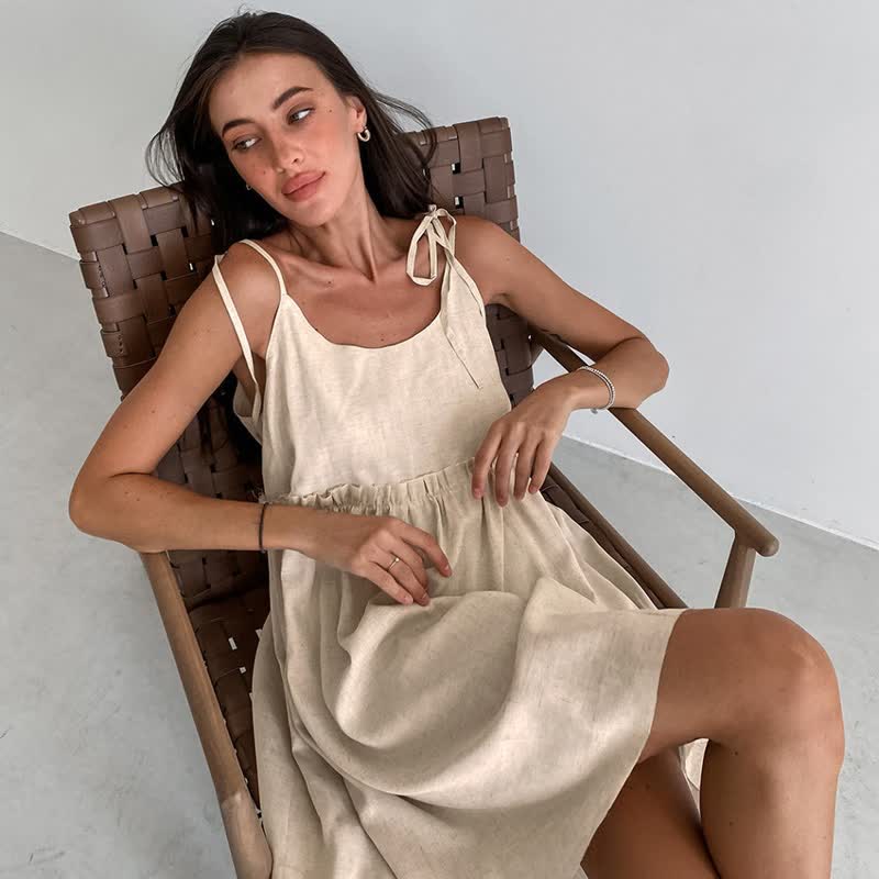 Casual Cotton Linen Tie Strap Nightdress - Beige - XL - image 0