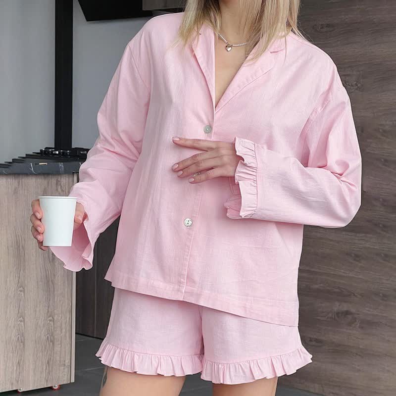 Solid Cotton Ruffle Trim Women's Pajamas - Pink - L - image 0