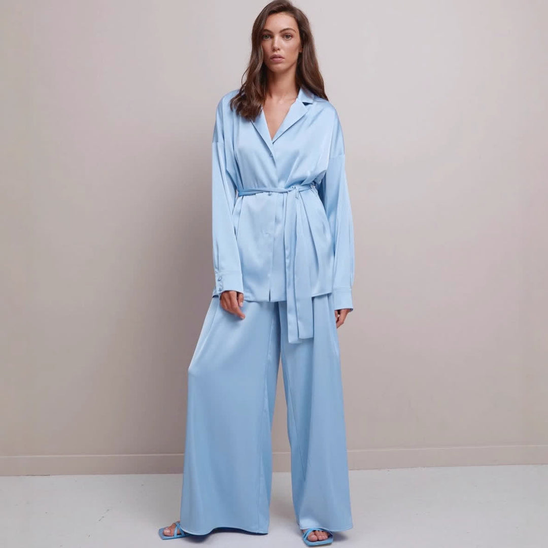 Solid Color Belted Women's Loungewear Set - Blue - XL - image 0