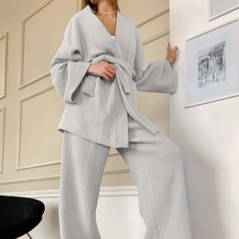 Solid Color Cotton Gauze Kimono Pajamas - Grey - XL - image 0