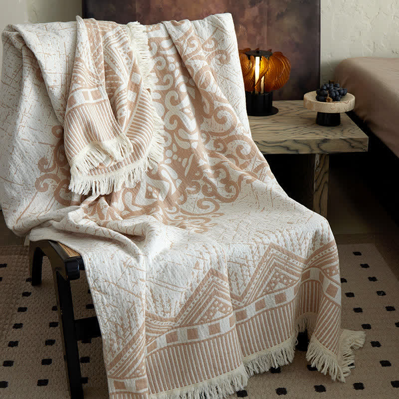 Tribal Geometric Cotton Gauze Tassel Blanket - 59"W x 79"L - image 0