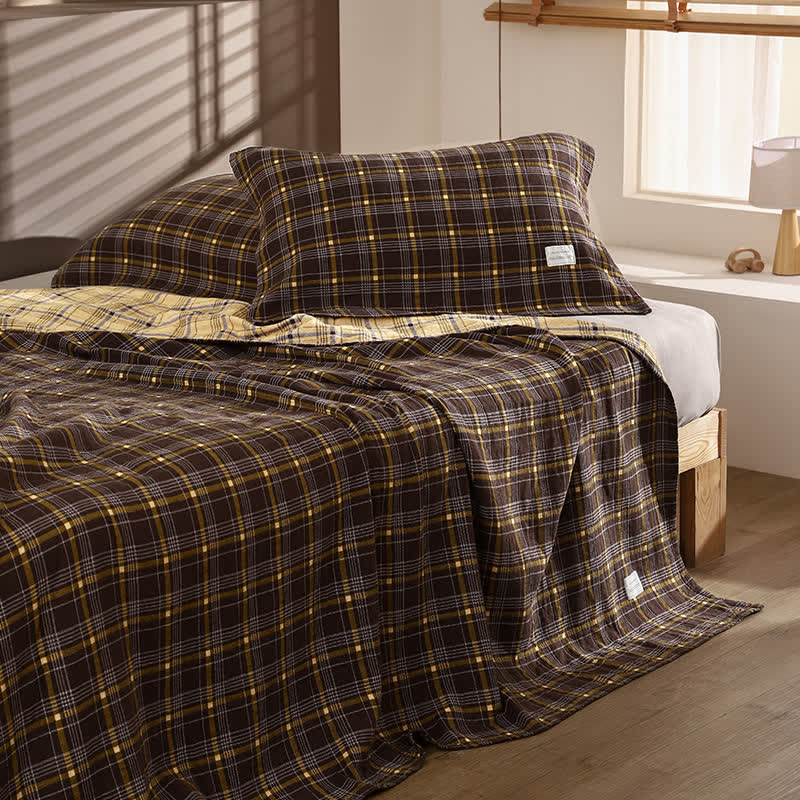 Vintage Plaid Cotton Gauze Bedding Set - Yellow-Brown - 20"×31" (Pillowcase) - 1 Pillowcase - image 4