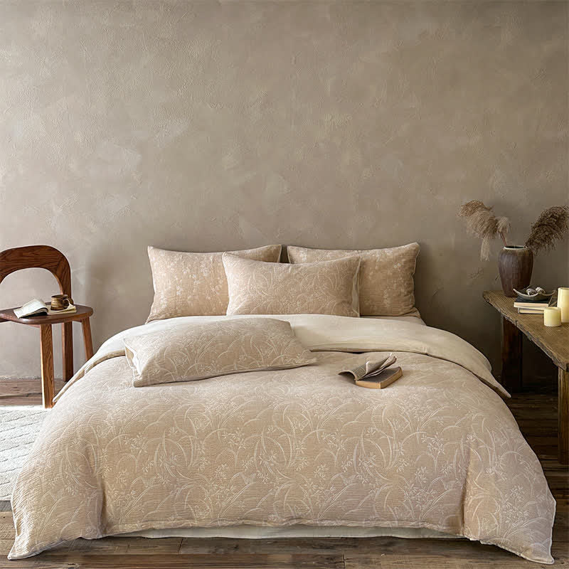 Beige Botanical Jacquard Cotton Bedding Set - Camel - Fitted sheet - King - image 0