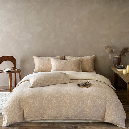 Beige Botanical Jacquard Cotton Bedding Set - Camel - Fitted sheet - King - image 0