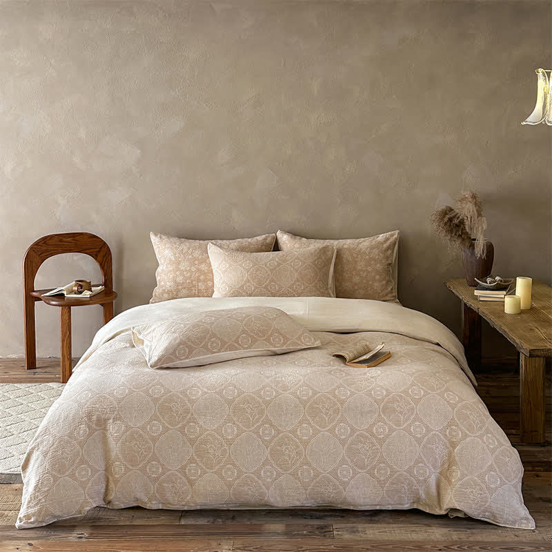 Camel Geometric Floral Jacquard Cotton Bedding Set - Camel - Fitted sheet - King - image 0