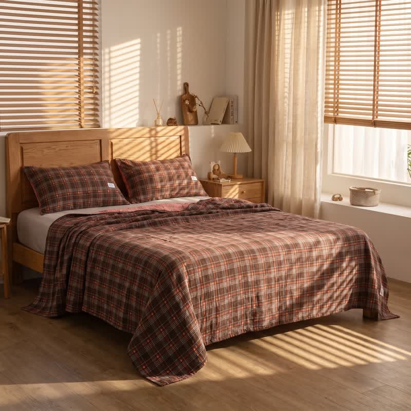 Vintage Plaid Cotton Gauze Bedding Set - Red-Brown - 20"×31" (Pillowcase) - 1 Pillowcase - image 0