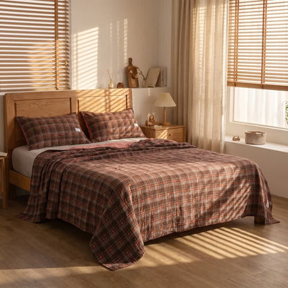 Vintage Plaid Cotton Gauze Bedding Set - Red-Brown - 20"×31" (Pillowcase) - 1 Pillowcase - image 0