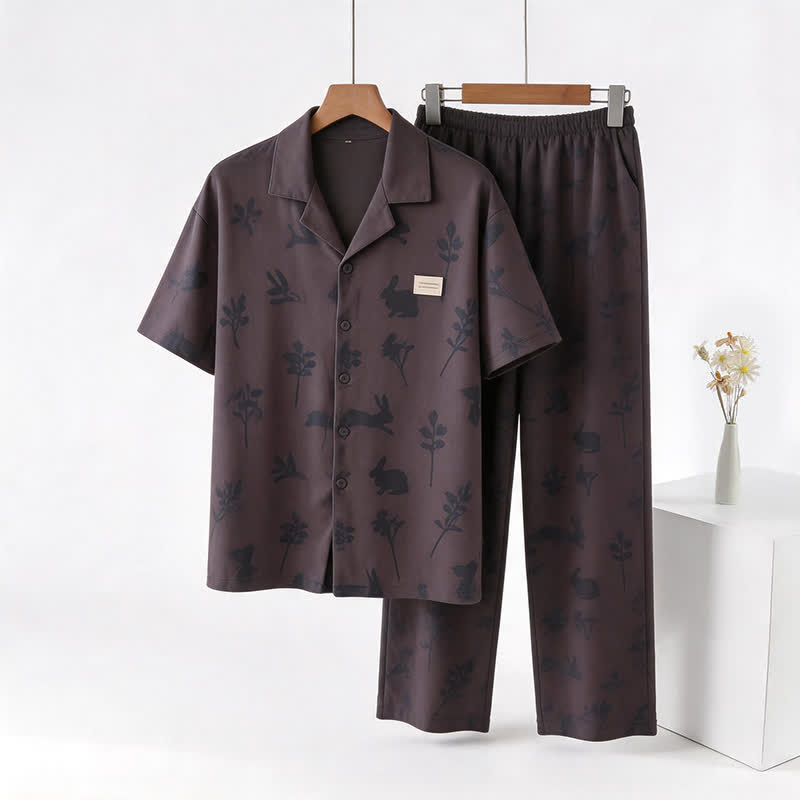 100% Cotton Rabbit & Botanical Print Loungewear Set - Grey - 3XL - image 0