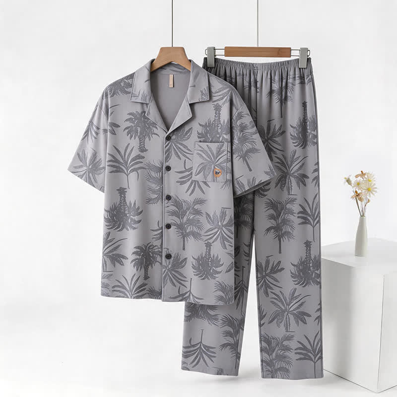 Cotton Tropical Palm Button Loungewear Set - Light Gray - 3XL - image 0
