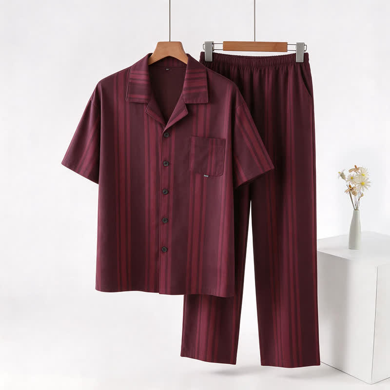 Cotton Burgundy Vertical Stripe Loungewear Set - Red - 3XL - image 0