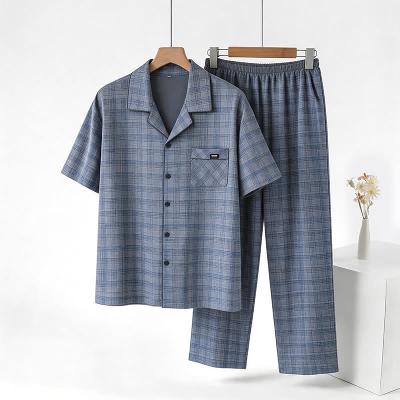 Cotton Blue-Gray Plaid Button Loungewear Set - Blue - 3XL - image 0