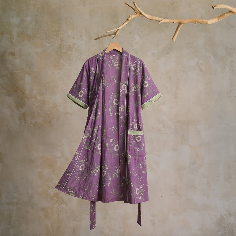Cotton Vintage Purple Floral Kimono Robe - XL - image 0