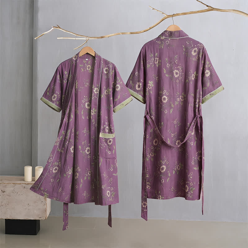Cotton Vintage Purple Floral Kimono Robe - image 2