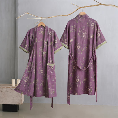 Cotton Vintage Purple Floral Kimono Robe - image 2