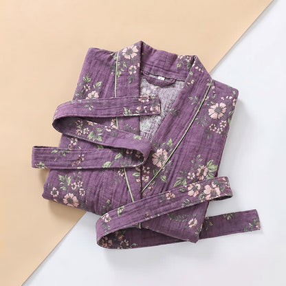 Cotton Vintage Purple Floral Kimono Robe - image 3