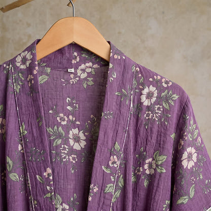 Cotton Vintage Purple Floral Kimono Robe - image 4